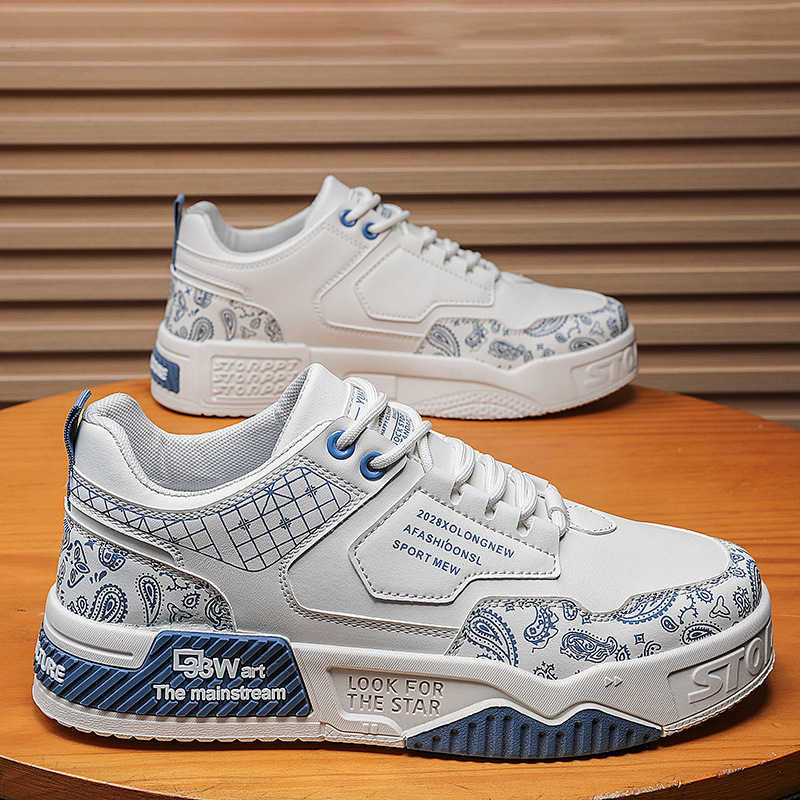 summer new leather cashew flower color blocked low top college style casual sports board shoes thick soled height increasing mens shoes M241129