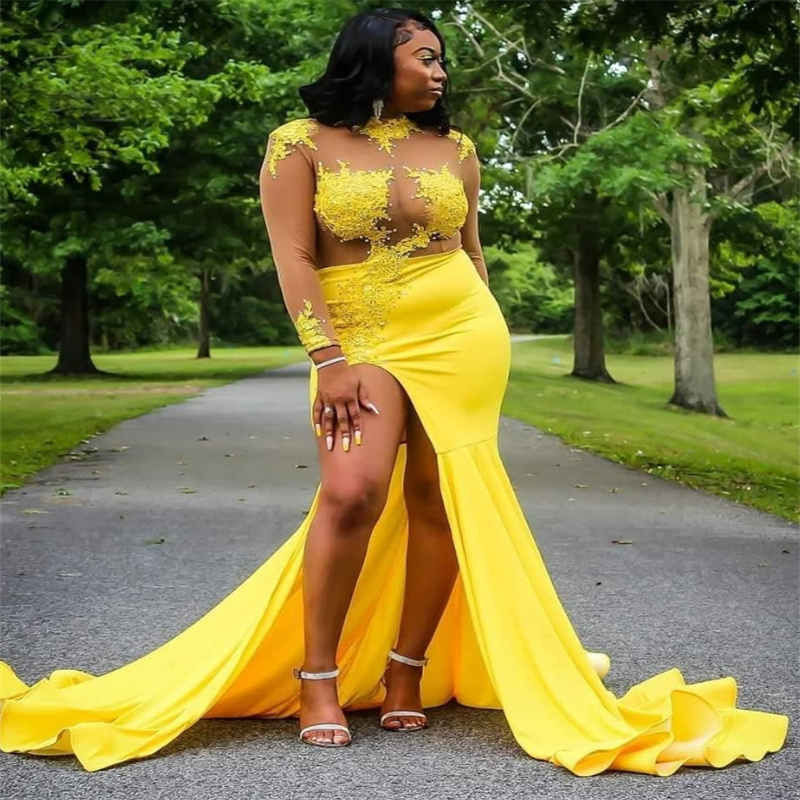 High Slit Yellow Prom Dress For Black Women Illusion Appliques Lace Mermaid Evening Gowns Elegant Dance Birthday Wear Special Occasion Dress Vestio De
