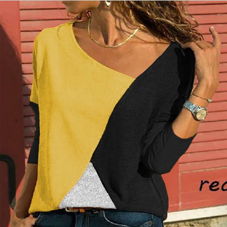New Hot Splicing Color Blocking Round Neck Long Sleeved Casual T-Shirt For Women, Trendy Clothing, Fashionable Temperament B4