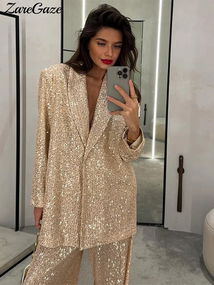 Fashion Sequines Jacket Pants Suit One Button Lapel Long Sleeve Coat Wide Leg Pant 2024 Autumn Commuting Loose Sets 241129