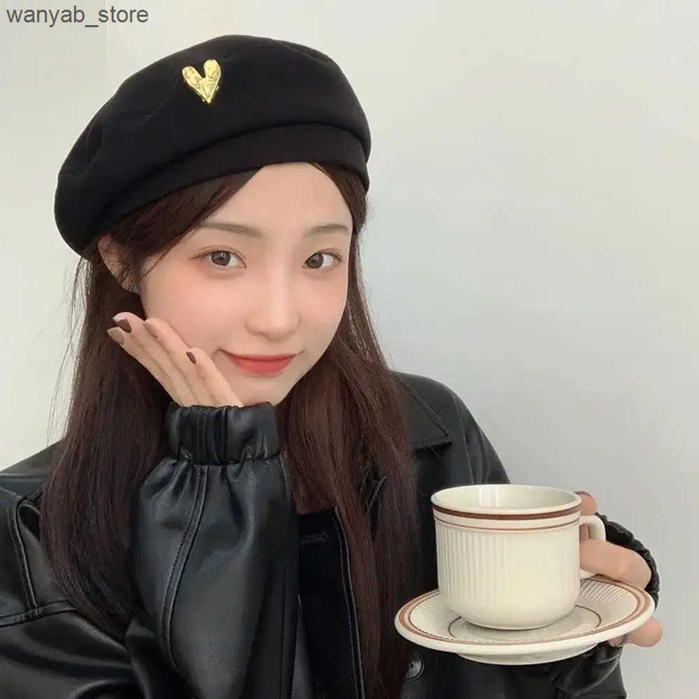 Berets Autumn and Winter Wool Beret Womens Retro Fashion Love Girl Beret British Street Hat Octagonal Hat Fashion Artist Hat L240910 L0910