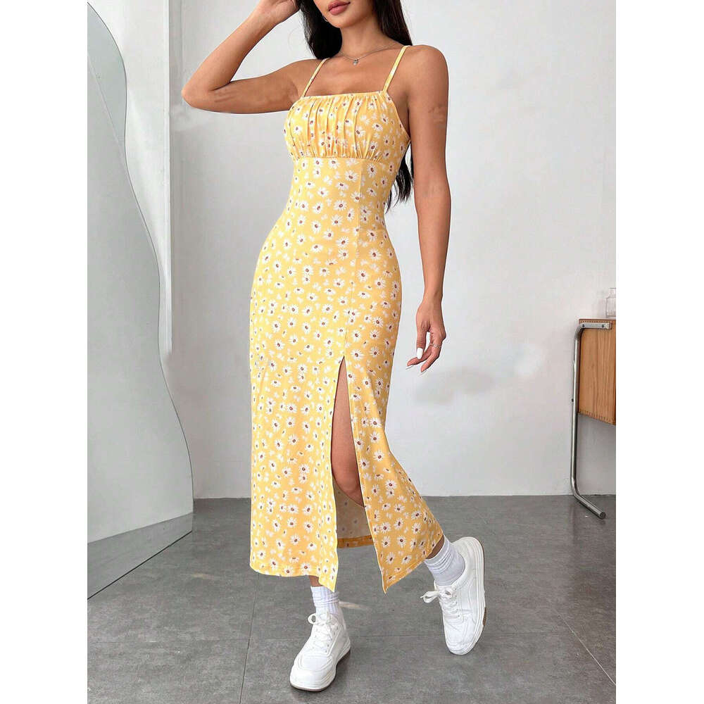 2024 autumn suspender chest high slit daisy leopard print long dress with wrapped buttocks