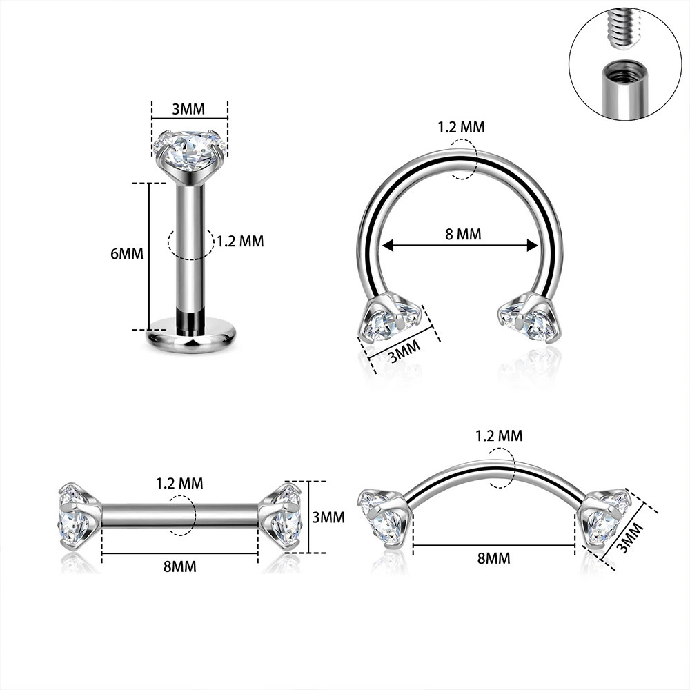 10Pcslot ASTM 36 16G CZ Cartilage Helix Daith Rook Earring Eyebrow Curved Barbell Labret Lip Piercing Body Jewelry 241125