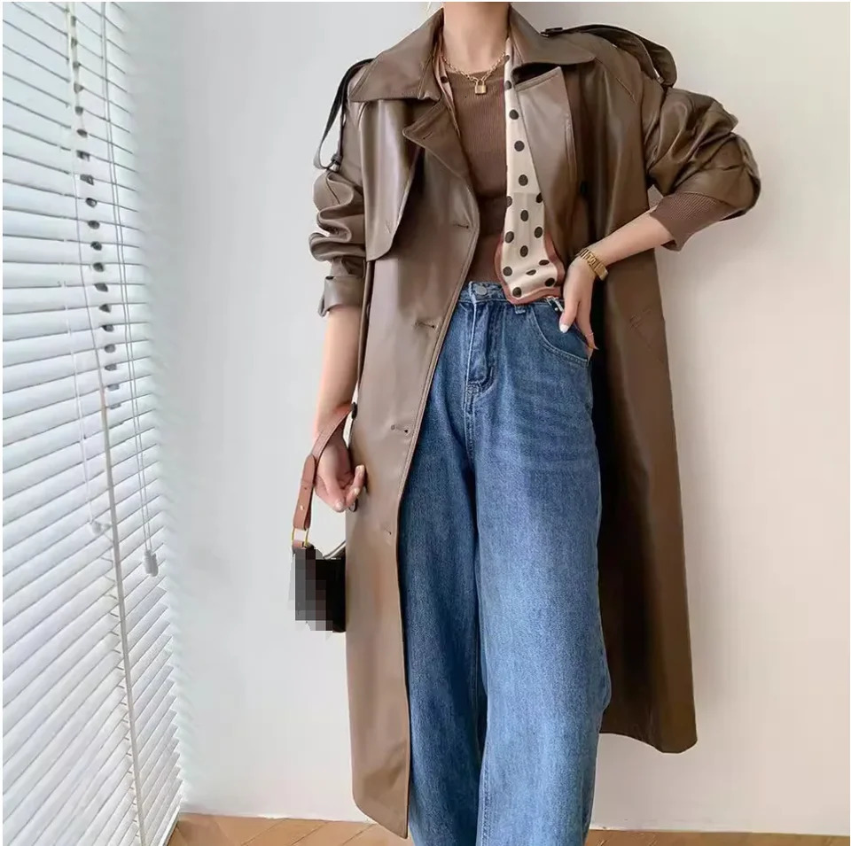Autumn and Winter Long Womens Leather Jacket Fashionable Ladies Doublebreasted Buckle Belt Trench Coat 241129
