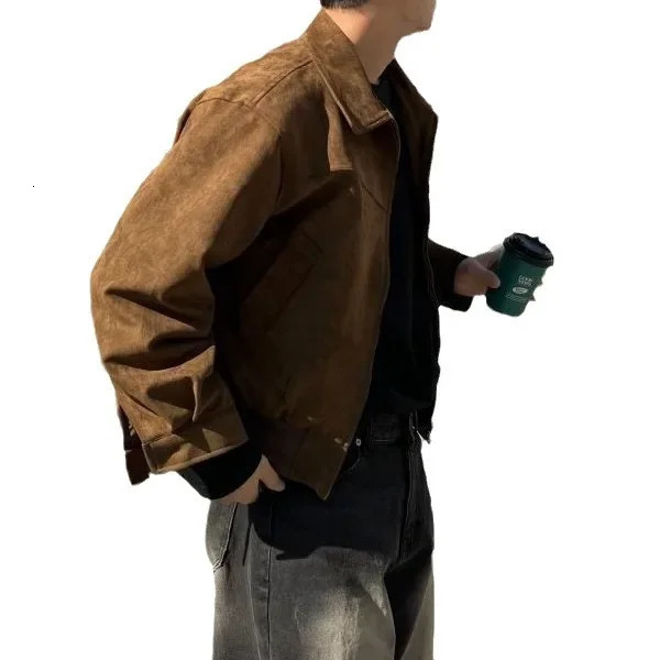 Hong Kong style Chamois leather brown coffee mens jacket loose fit casual style American retro cut bomber jacket T250415