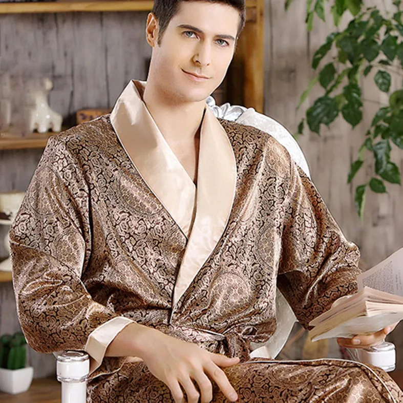 Mens Robe Nightgown Satin Kimono Bathrobe Gown Casual Sleepwear Plus Size Print Gold Home Dressing Gown 3XL 4XL 5XL 240428