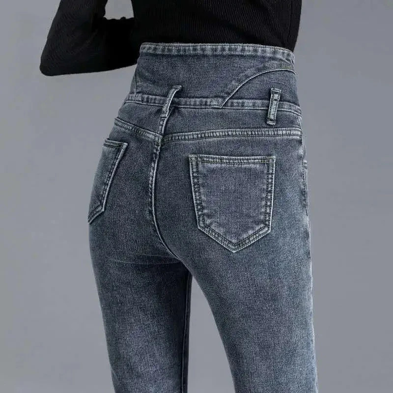Womens winter thick velvet lined tight denim pants streetwear casual pencil jeans high waisted warm buttons flight elastic Vaqueros 241122