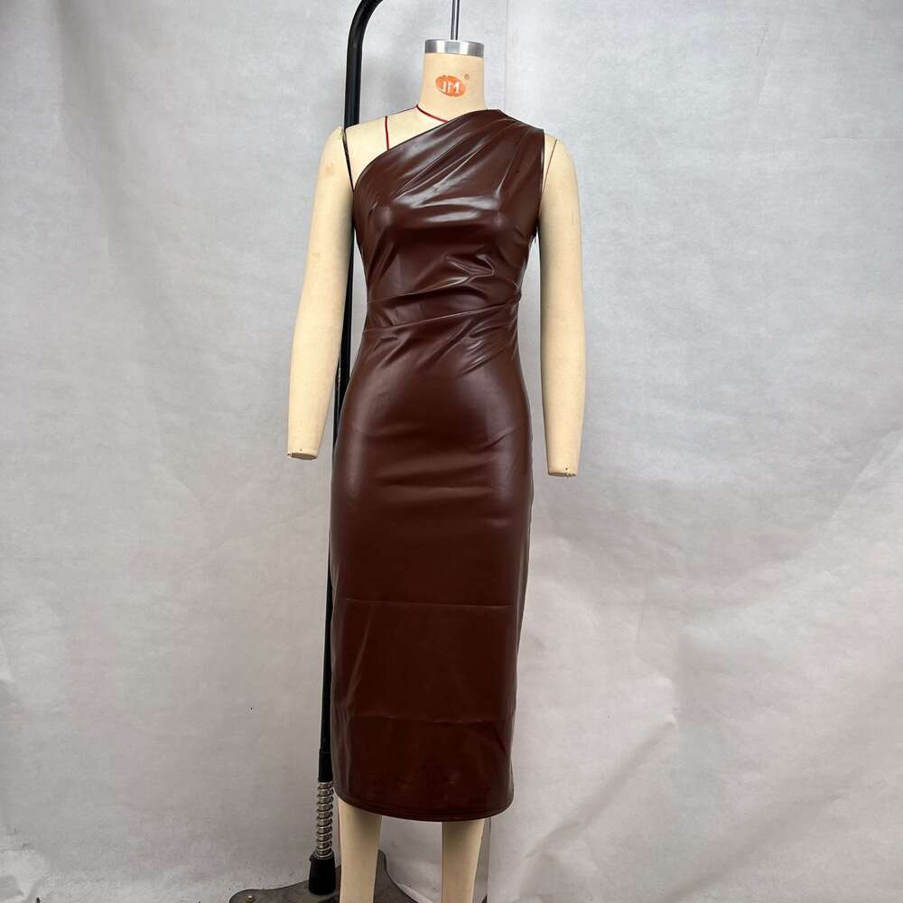 Women's 2025 tight fitting chest hing slng shoulder PU leather dress, sexy nightclub dress