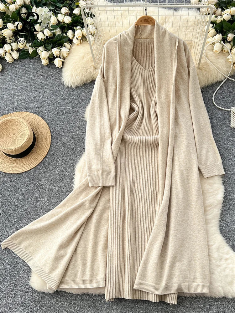 SINGREINY Winter Casual Warm Suit Full Sleeves Loose Long CardiganV Neck Sleeveless Elastic Dress Elegant Fashion Sets 241129