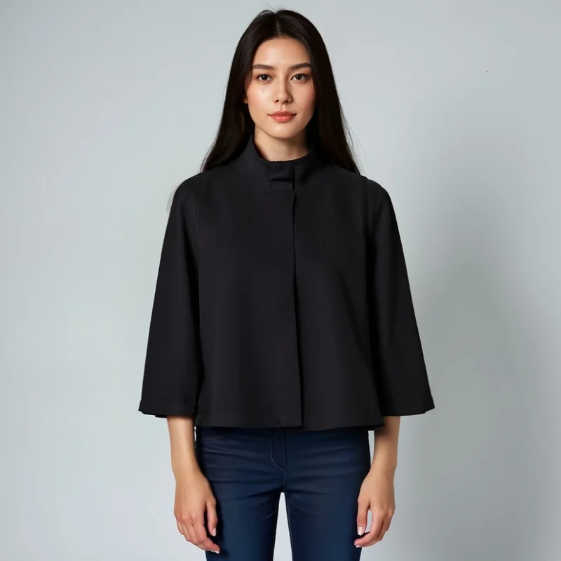 KEYANKETIAN Autumn/Winter Womens Short Horn Fashionable and Elegant High Collar Button Loose Black Coat 241128