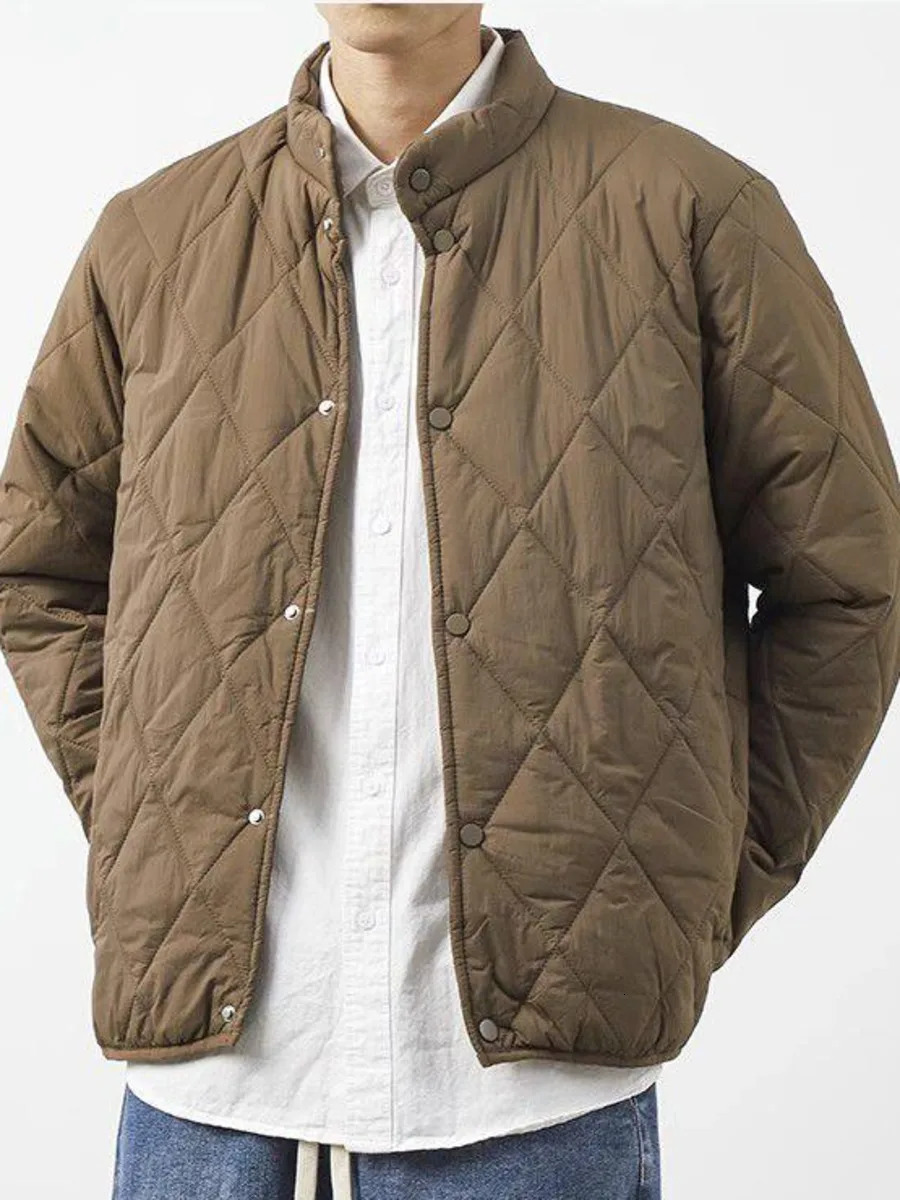 Standing Collar Cotton Quilting Jacket Coat Men Thick Winter Warm Cotton Diamond Grid Coat Lightweight Casual Jacket Outerwear 241126