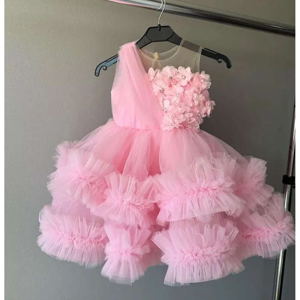 Neck Flower Sheer Dresses Pink Ball Gown Tulle Tiers Beaded Vintage Lit Tle Girl Peageant Dress Gowns Zj S