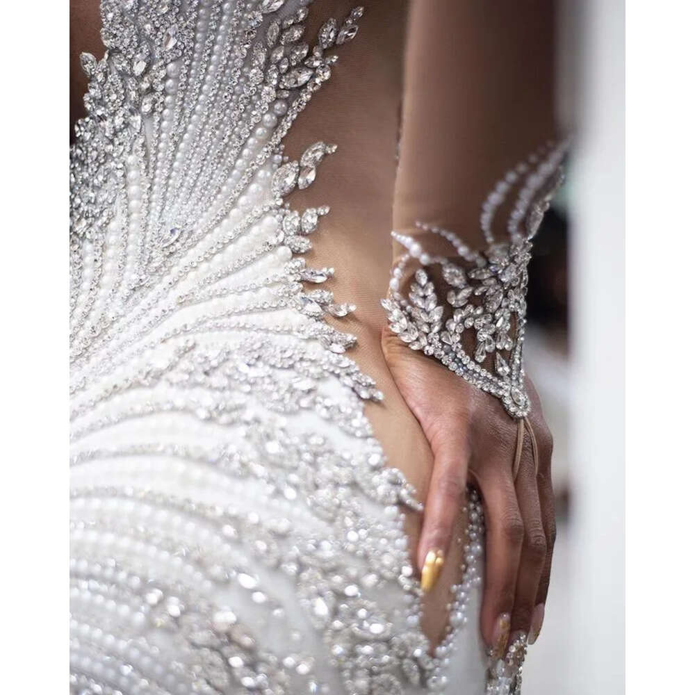 Aso Arabic Size Plus Ebi Luxurious Mermaid Sexy Wedding Dress Beaded Crystals Pearls Backless Long Sleeves Detachable Train Bridal Gowns Dresses Zj Es