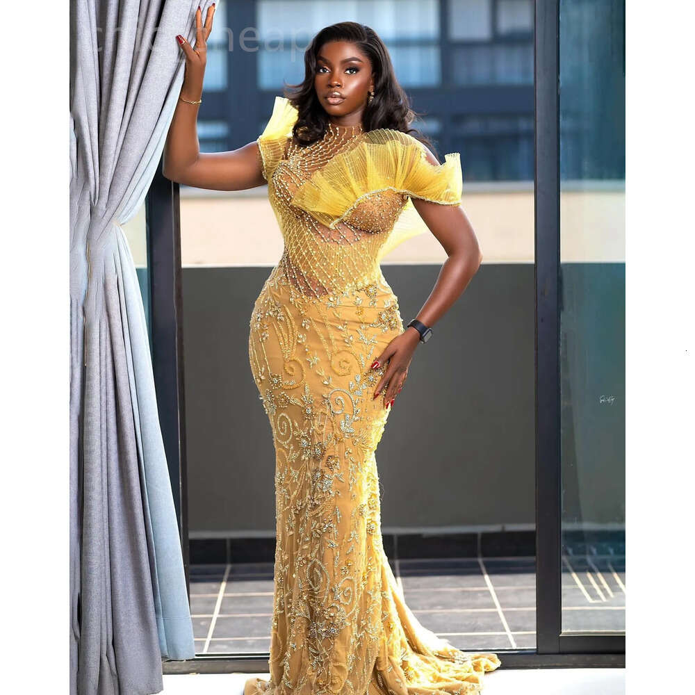 Mermaid Yellow Ebi Aso Prom Dress Beaded Crystals Illusion Evening Formal Party Second Reception Th Birthday Engagement Gowns Dresses Robe De Soiree E