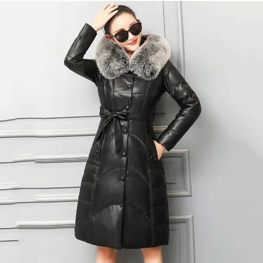 2024 Haining Leather Fashion Fur Female Collar Temperament In The Long Hooded Slim PU Warm Coat 241129