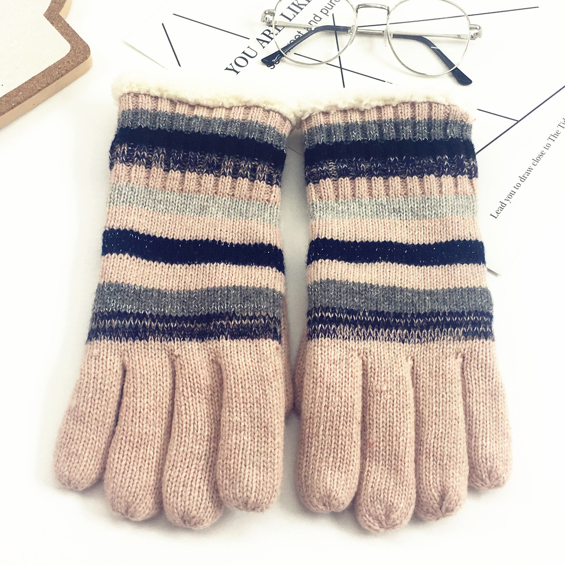 Winter gloves knitted wool gloves men's and women's thick double-layer warm woolen striped anti cold gloves wholesale