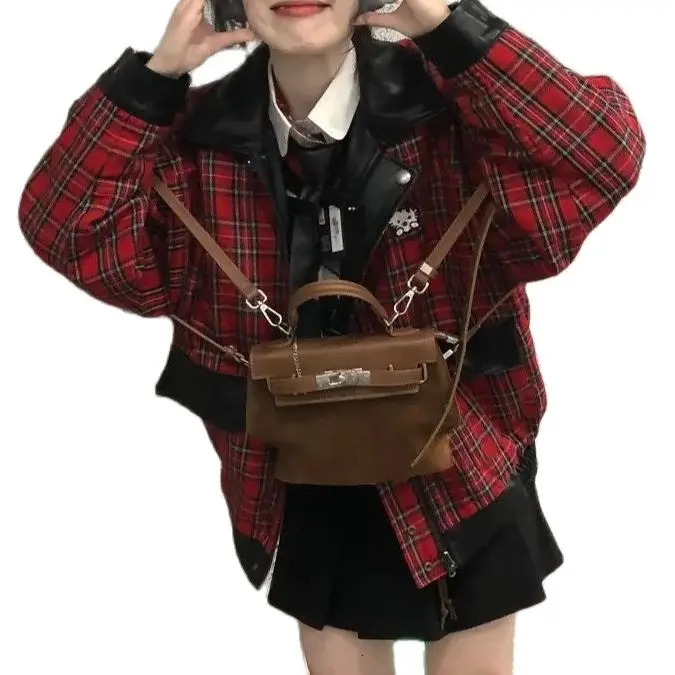 Korea Reversible Lattice Leather Jacket Women American Patchwork Loose Bomber Jackets Harajuku Vintage Zipper PU College Style 241129