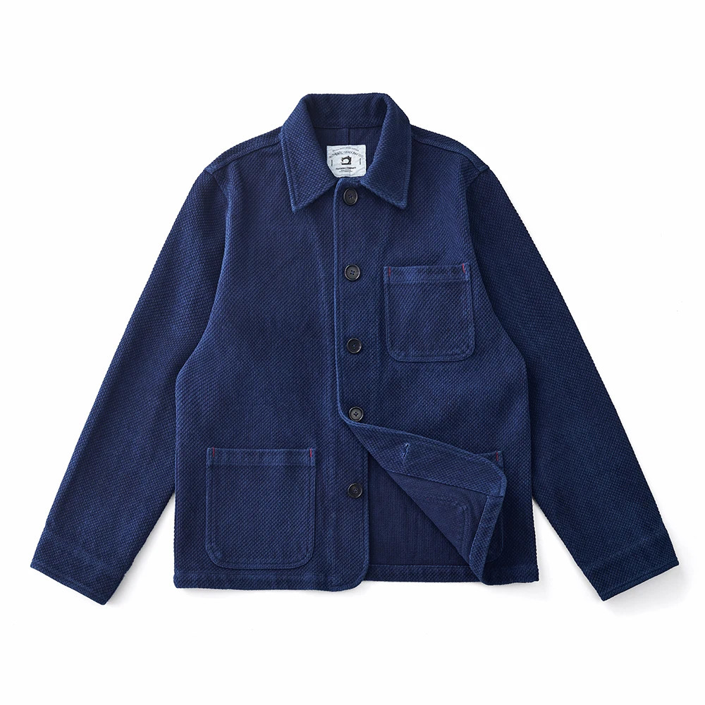 French Indigo Cargo for Mens Autumn and Winter Collection Flip Collar Multi Pocket Blue Dyeing Tool Jacket Retro Casual Open Top 241128