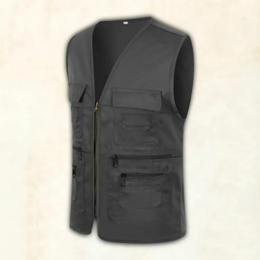 Men Vest JacketMultiple Pockets Zipper Sleeveless Fishing Waistcoat Camping Work Clothes V Neck Outdoor Volunteer 241129