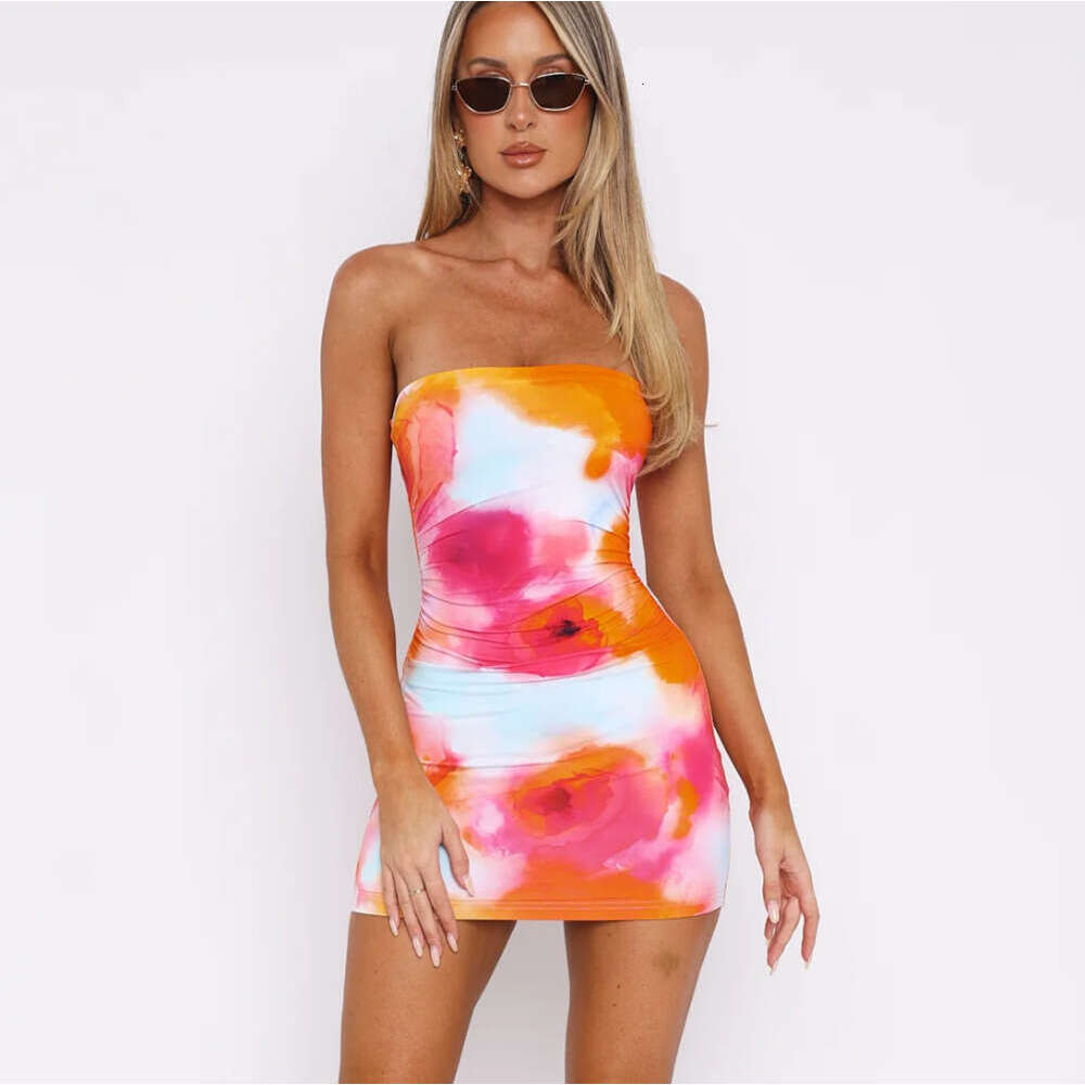 Women's 2024 summer new sexy strapless shoulder cinched waist bag hip fashionable printed dress