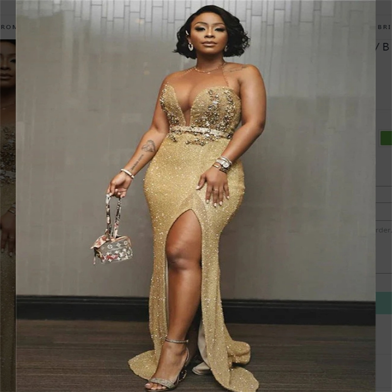 Sparkly Gold Prom Dress With Slit O Neck Crystal Mermaid Sequin Evening Dress Black Women Birthday Formal Party Gown Formal Dance Occasion Night Vesti