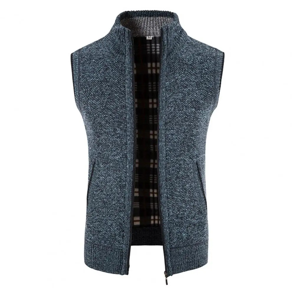 Men Knitted Cardigan Vest Stand Collar Thickened Fleece Lining Knitting Waistcoat Winter Plush Lined Sweater Jacket 241129