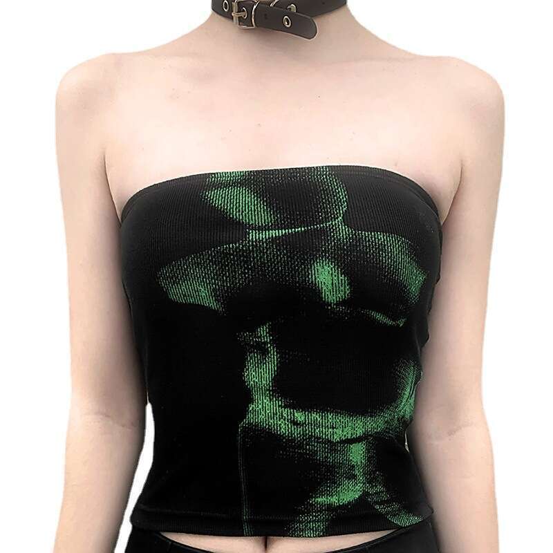 2021 New Summer Women's Wear Color Contrasting Slimming Bottom with Sexy Mind Machine Off Shoulder, Skincare, and Umbilical Tank Top