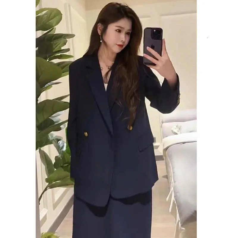 Womens Set Autumn Navy Double Breasted Long Sleeve Blazer High Waist Mid Length Dress Casual Temperament Two Piece 241120