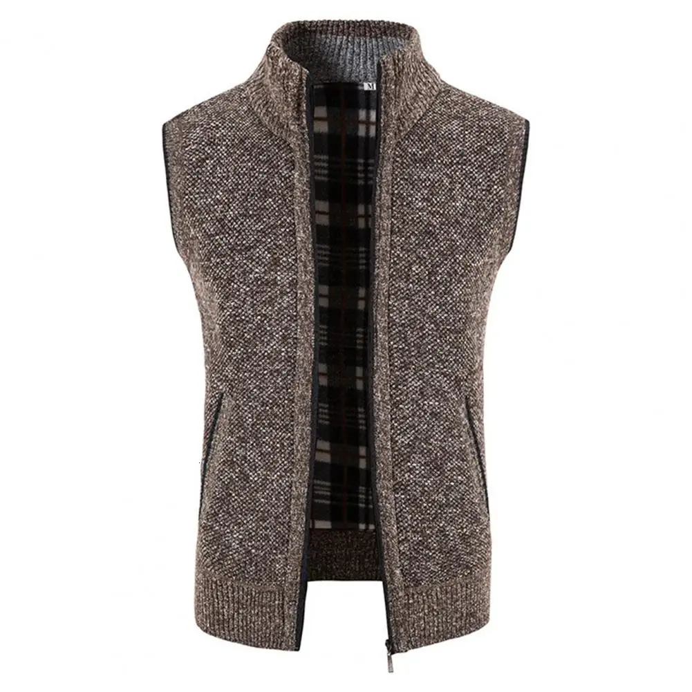 Men Knitted Cardigan Vest Stand Collar Thickened Fleece Lining Knitting Waistcoat Winter Plush Lined Sweater Jacket 241129