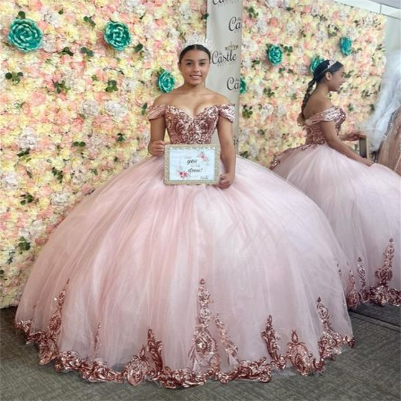Luxury Pink Quinceanera Dresses Charro Sequin Vestidos De 15 Anos Quinceanera Birthday Pageant Gown Off Shoulders Sparkly Special Occasion Dress