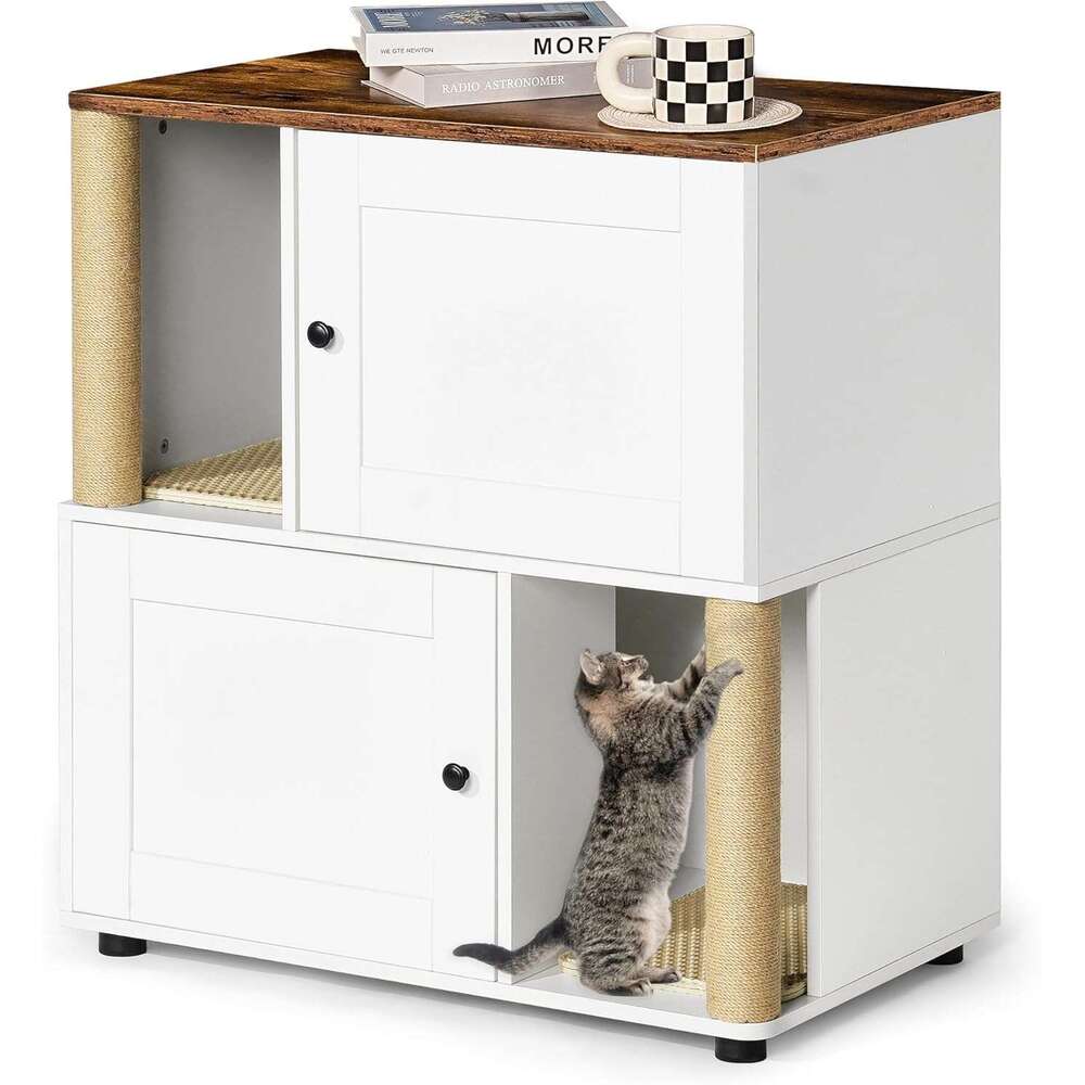For 2 Cat, Hidden Double Encloure Furniture With Scratching Pot, Wooden Wahroom Furniture, Indoor Cat Houe End Table, Fit Mot Of Litter Box