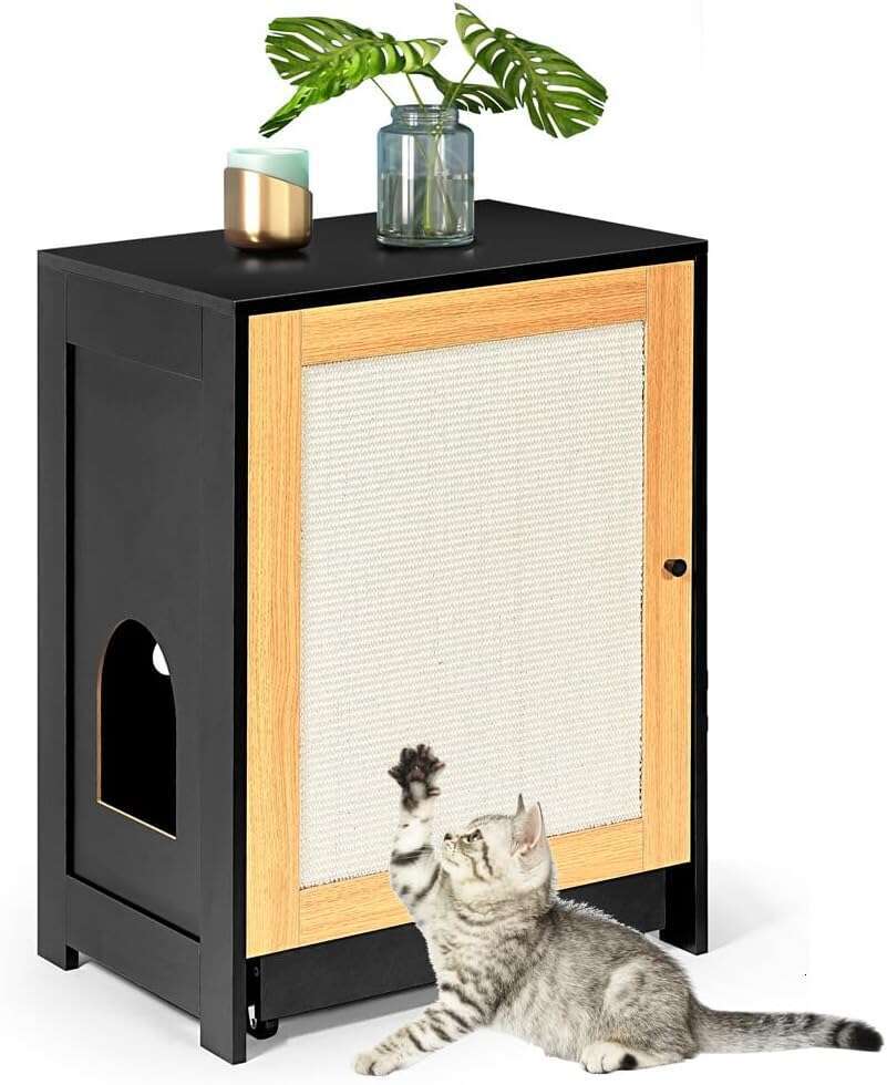 Furniture Corner Encloure Kitty End Table With Scratching Board Door And Pull-Out Box Board, Litter Cabinet Hidden Cat Wahroom Black