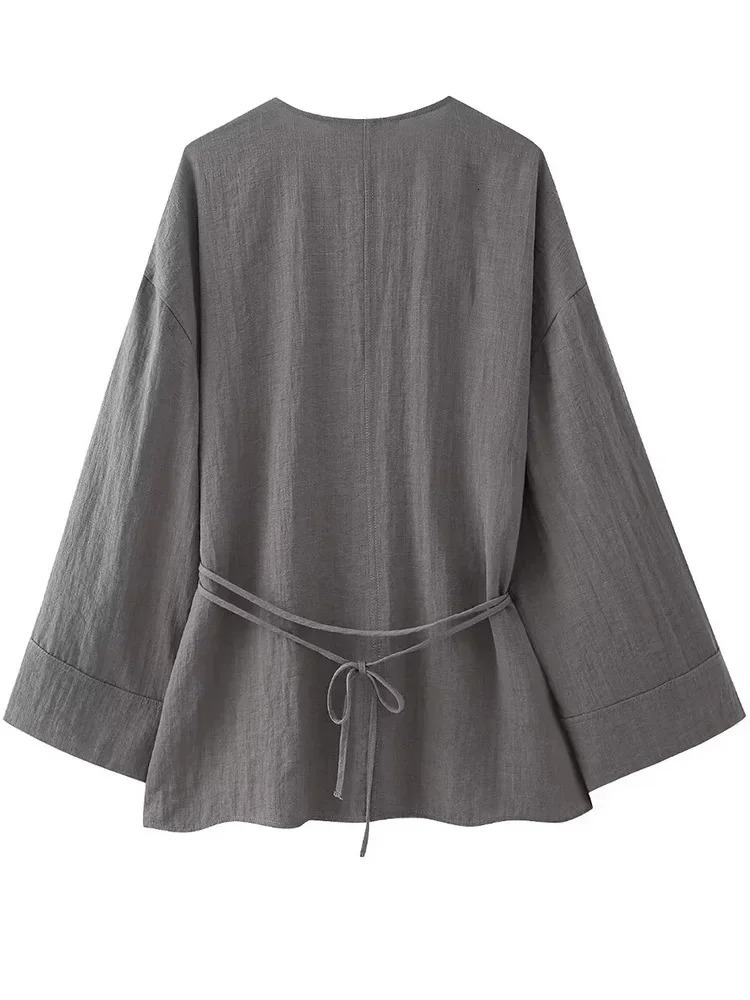 Aoaiiys Grey Pants Sets Women Fashion Two Piece Set Lace Up Loose Coats Vintage Tops High Elastic Waist Trousers Chic Pants Sets 240423