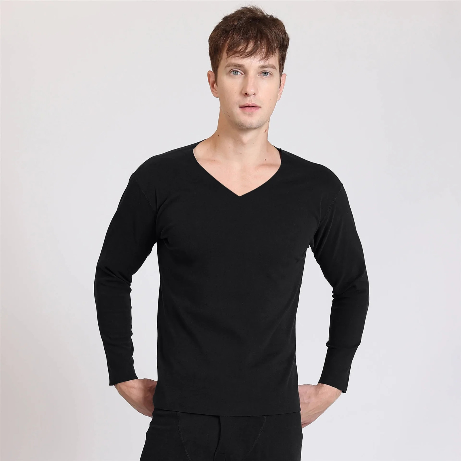 2 pieces of seamless mens long sleeved underwear for autumn mens plus size V-neck thin velvet autumn clothing top 3XL-7XL 241122