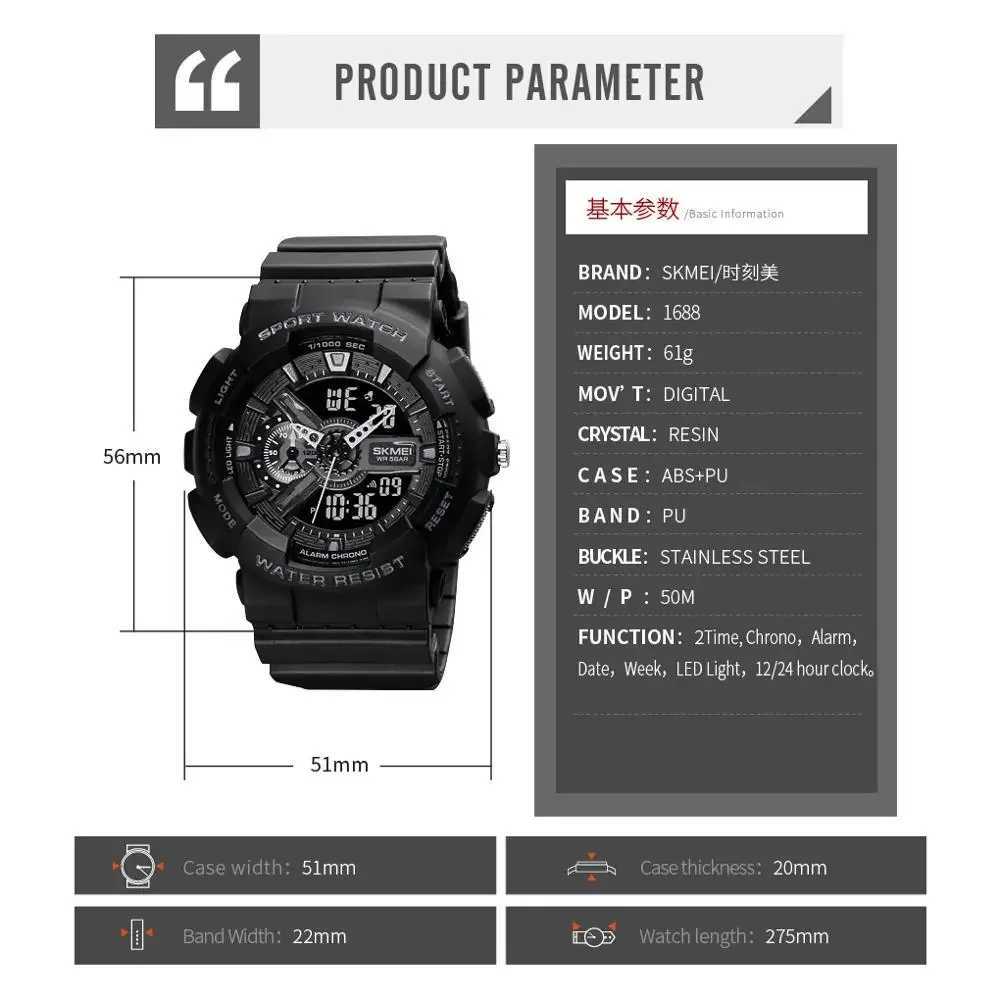 SKMEI Youth Sport Digital Mens Shockproof Waterproof Two Hand Wrist D Timing Alarm Clock Mens Cool Hour M241128