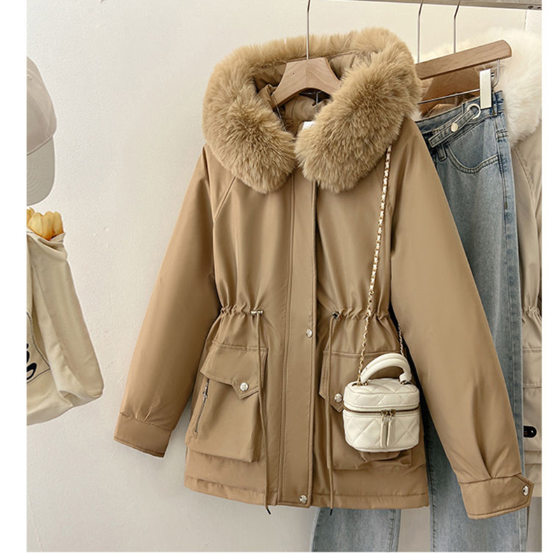Winter Cotton Padded Hood Jacket For Thick Veet Hooded Mid Length Snow Parka Warm Big Fur Collar Outerwear Women