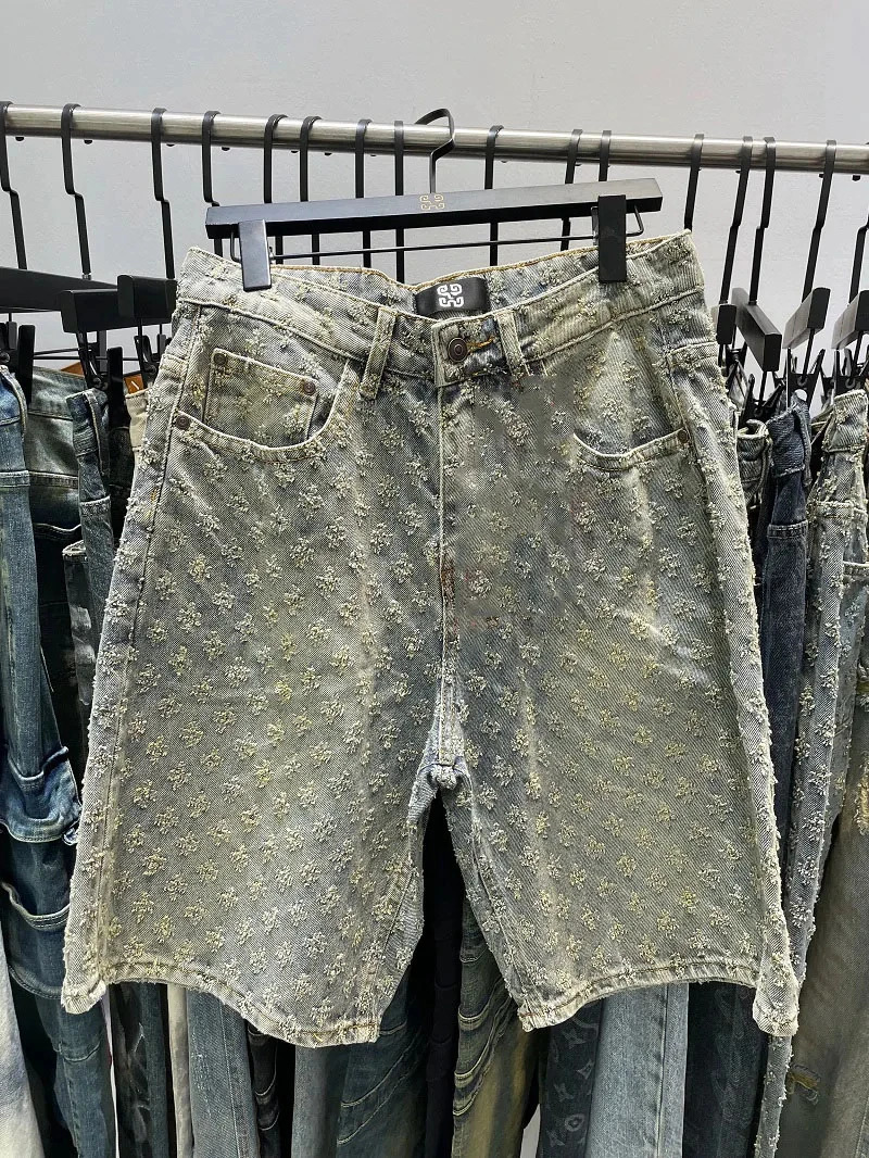 Fashion Casual Summer Light Blue Distressed Men Denim Shorts Smart Straight Leg Loosen Male High Street Niche n 241126