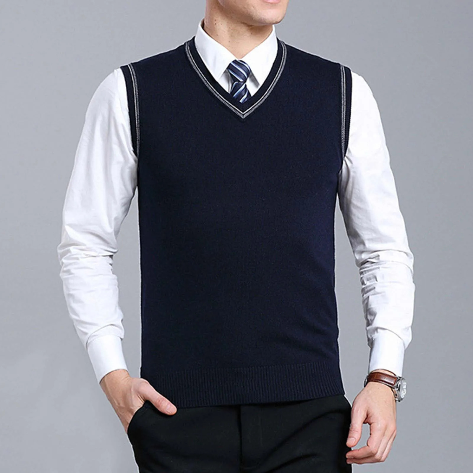 Men Knitted Sweater Vest Top Quality Autum Winter Fashion Slim Fit Knit V Neck Trendy Woolen Sleeveless Vests 241129
