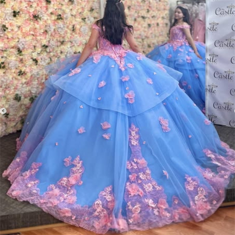 Gorgeous Blue And Pink Quinceanera Dresses 2025 Off Shoulder 3D Florals Lace Corset Charro Vestidos De 15 Anos Birthday Vestios Xv Debutante Princess 