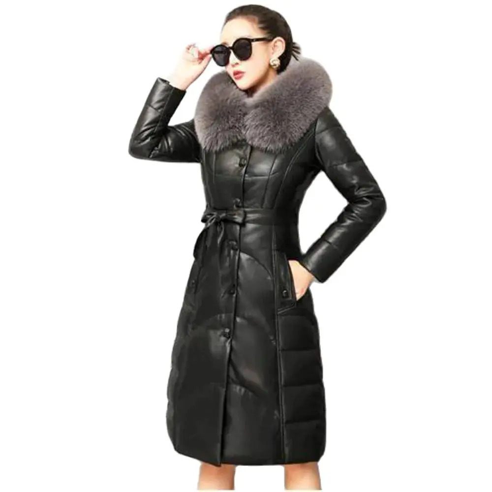 2024 Haining Leather Fashion Fur Female Collar Temperament In The Long Hooded Slim PU Warm Coat 241129