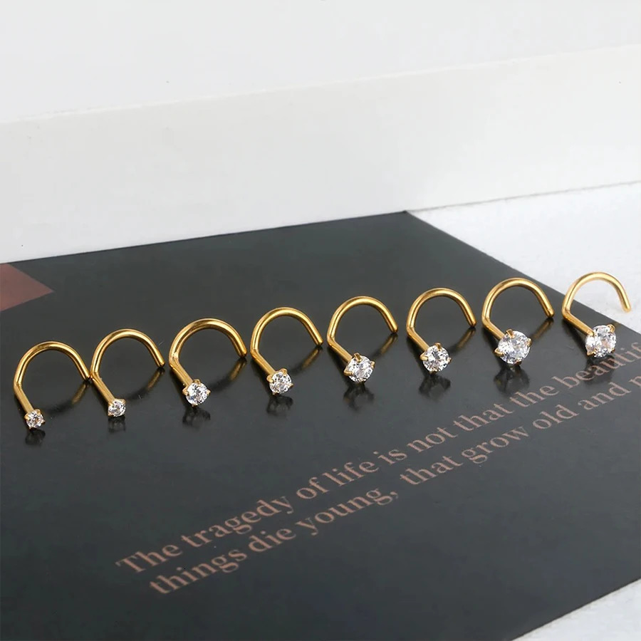 4pcs 4 size Cubic Zirconia Nose Piercing Jewelry Studs 20G Bone L Shaped Shiny Crystal Nostril 241125