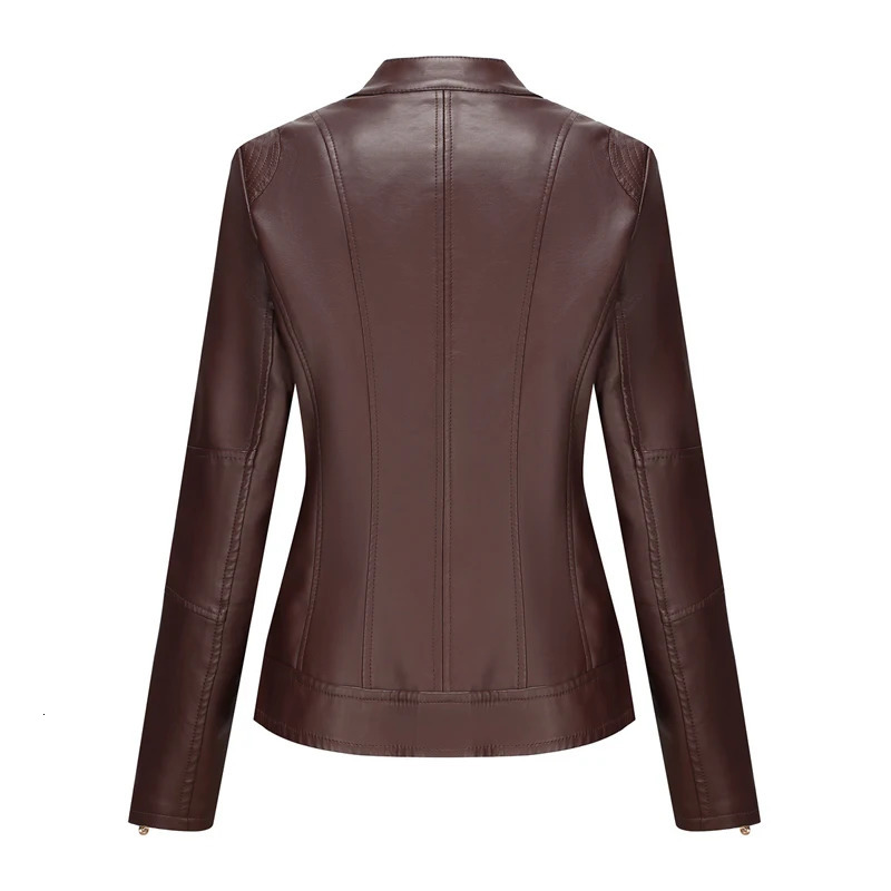 Spring Autumn Ladies Casual Leather Jacket Outdoor Windproof PU Stand Collar Tops Fashion Slim Motorcycle Wear Womens Clothing 241129