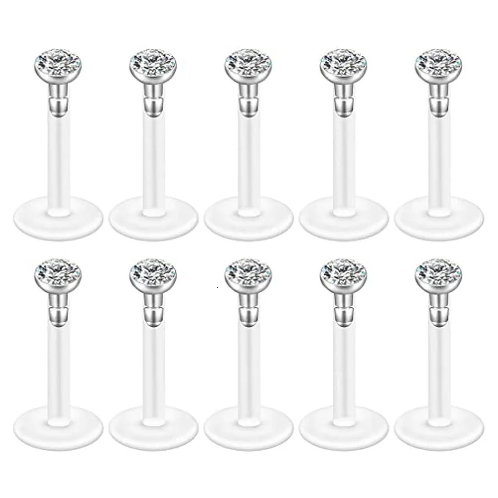 10pcs 16G Czech Crystal Clear Flexible Bioflex Acrylic Bar Studs Lip Rings Helix Stud Earrings Ear Nose Piercing Body Jewelry 241125