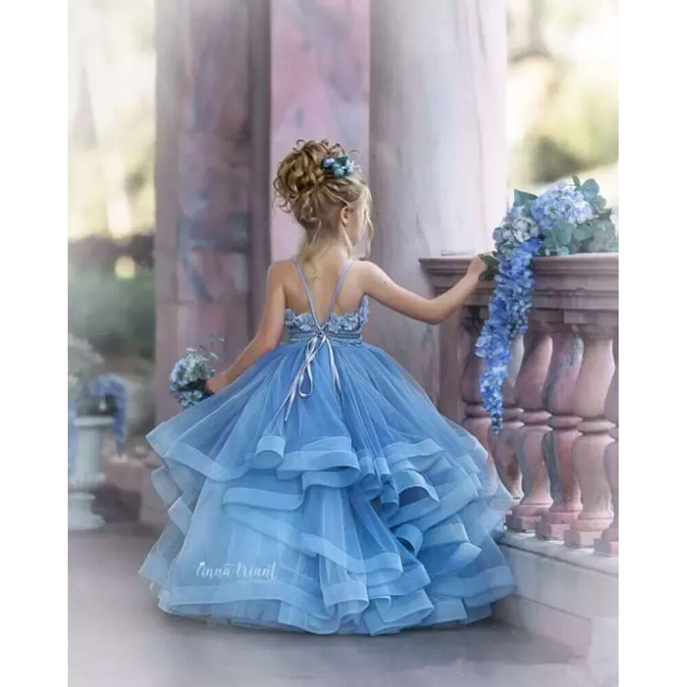 Girl For Flower Cute Dresses Wedding Sky Blue Spaghetti Lace Floral Appliques Tiered Skirts Girls Pageant Dress A Line Kids Birthday Gowns Cg S