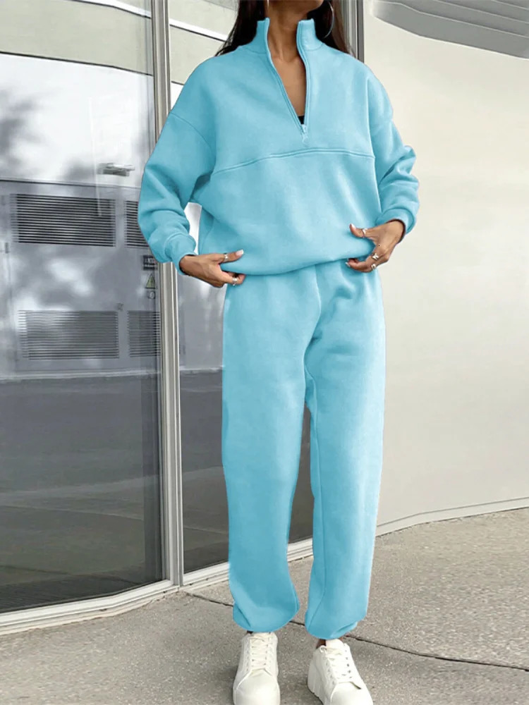 Casual Pants Sets Woman Autumn Loose Pullovers Zippers Long Sleeve Womens Tracksuit Elastic Waist Solid Trousers Allmatch 241129