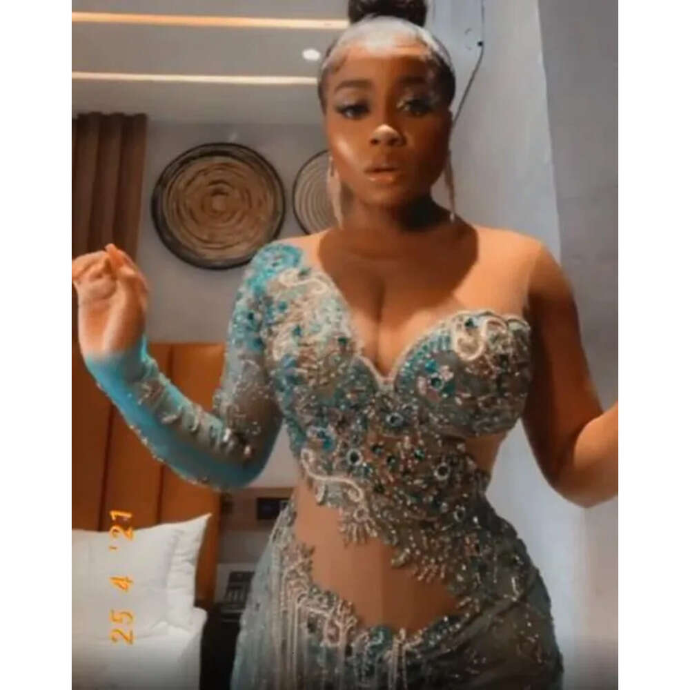 Arabic Plus Aso Ebi Size Urious Beaded Crystals Prom Dresses Lace Sheer Neck Mermaid Evening Formal Party Second Reception Gowns Zj 0218