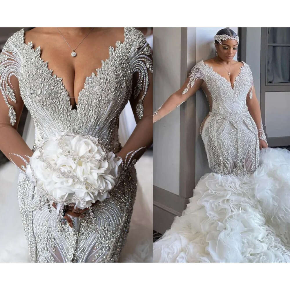 Aso Arabic Size Plus Ebi Luxurious Mermaid Sexy Wedding Dress Beaded Crystals Pearls Backless Long Sleeves Detachable Train Bridal Gowns Dresses Zj Es