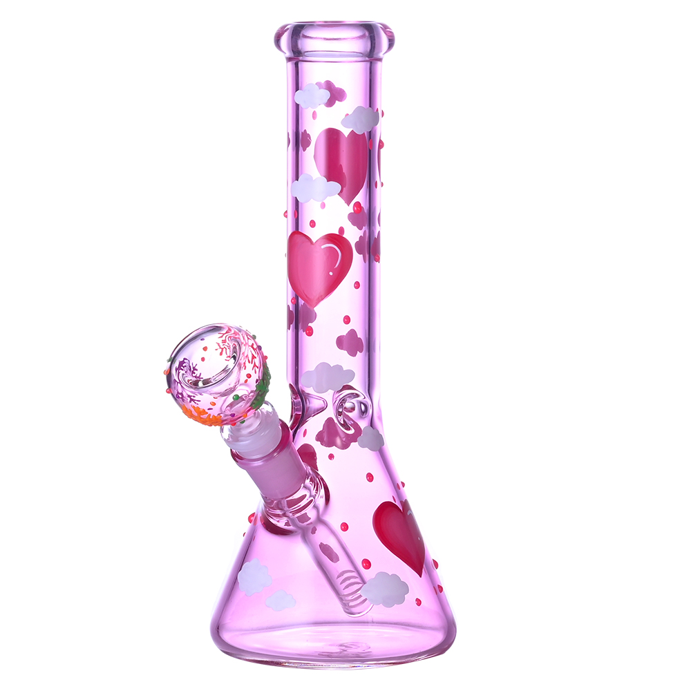 Glass Beaker Bong,Handdrawn Cartoon Love & Cloud Pattern,Glow In The Dark,Borosilicate Pink Glass Water Pipe,Glass Hookah,Valentine's Day Gift,Sm