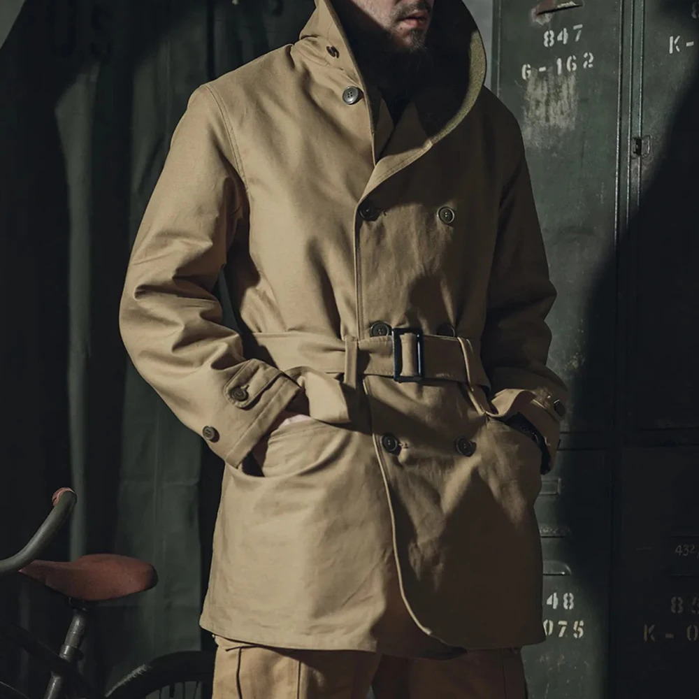 Retro Woolen Khaki Jacket: Chic Lapel Mid-Length Coat For Men (241129)