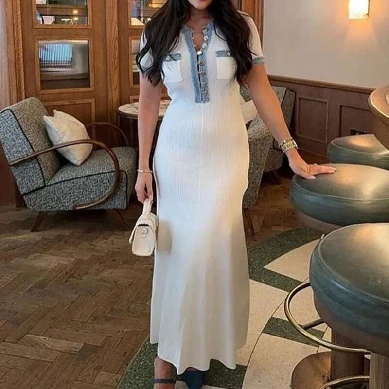 Elegant V Neck Denim Patchwork Knit Maxi Women's Fashion Short Sleeve Button Slim Dress Office Ladies Pocket Robe